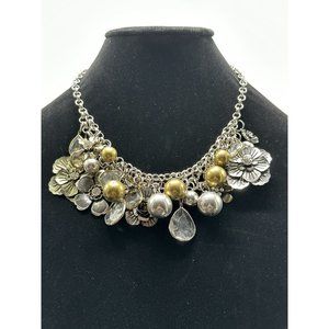 Necklace Faux metal roses, flowers beads in golds and silvers with Chrystals